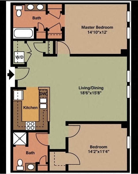 Floor plan for 2 beds, 2 baths, 1115 sqft